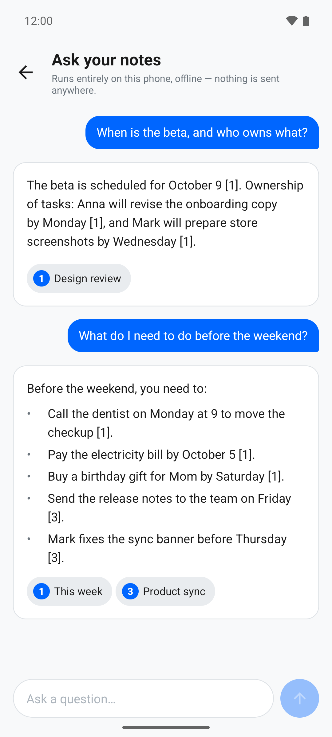 Vaulto on-device notes chat showing an answer and linked source notes