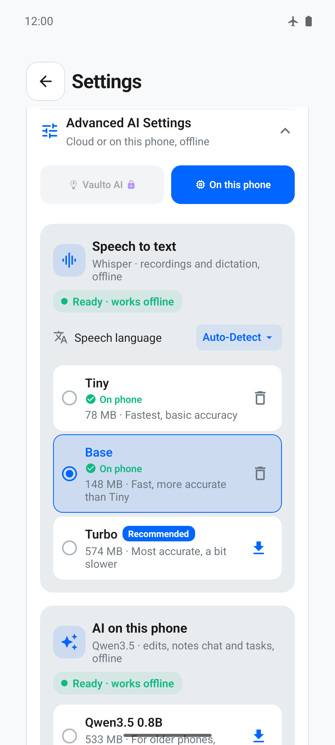 Vaulto Android settings showing downloaded Whisper and Qwen models ready for offline processing