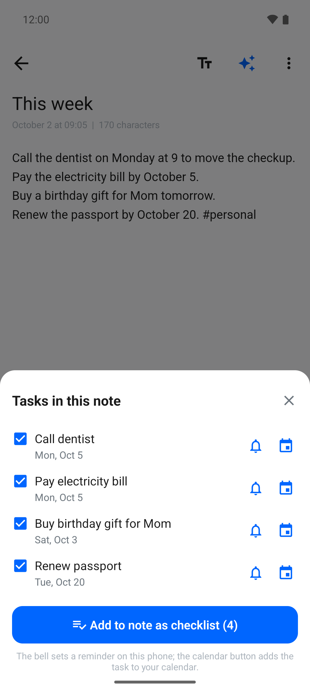 Vaulto Android task extraction sheet with dated tasks, reminder bells and calendar buttons